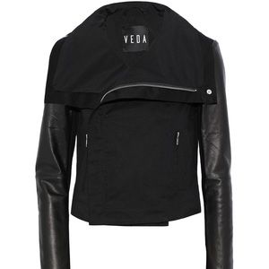 Veda Black Cotton Twill Leather Biker Jacket